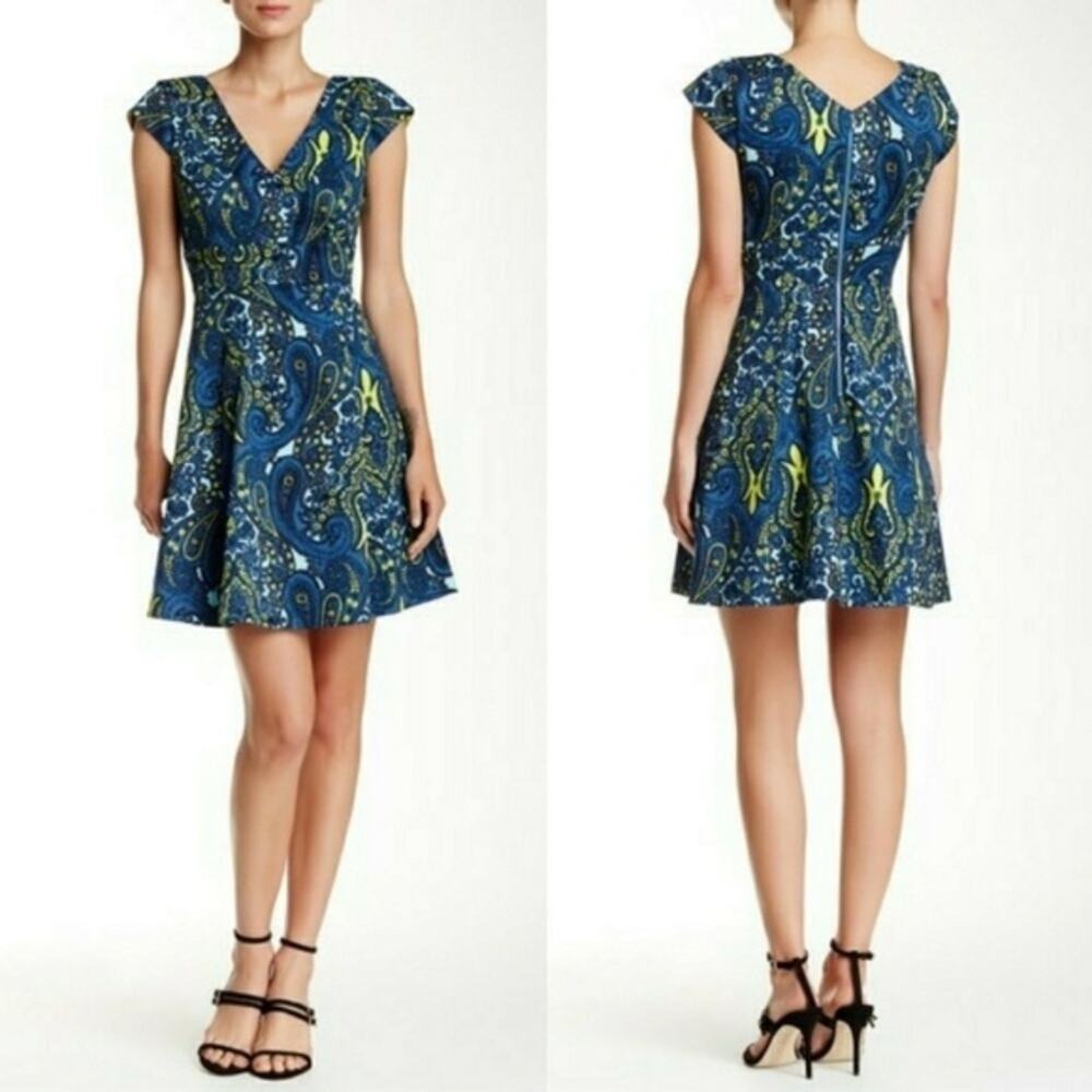 Plenty by Tracy Reese Melanie Dress Womens Size 6 Blue Paisley Cap Sleeve V-Neck